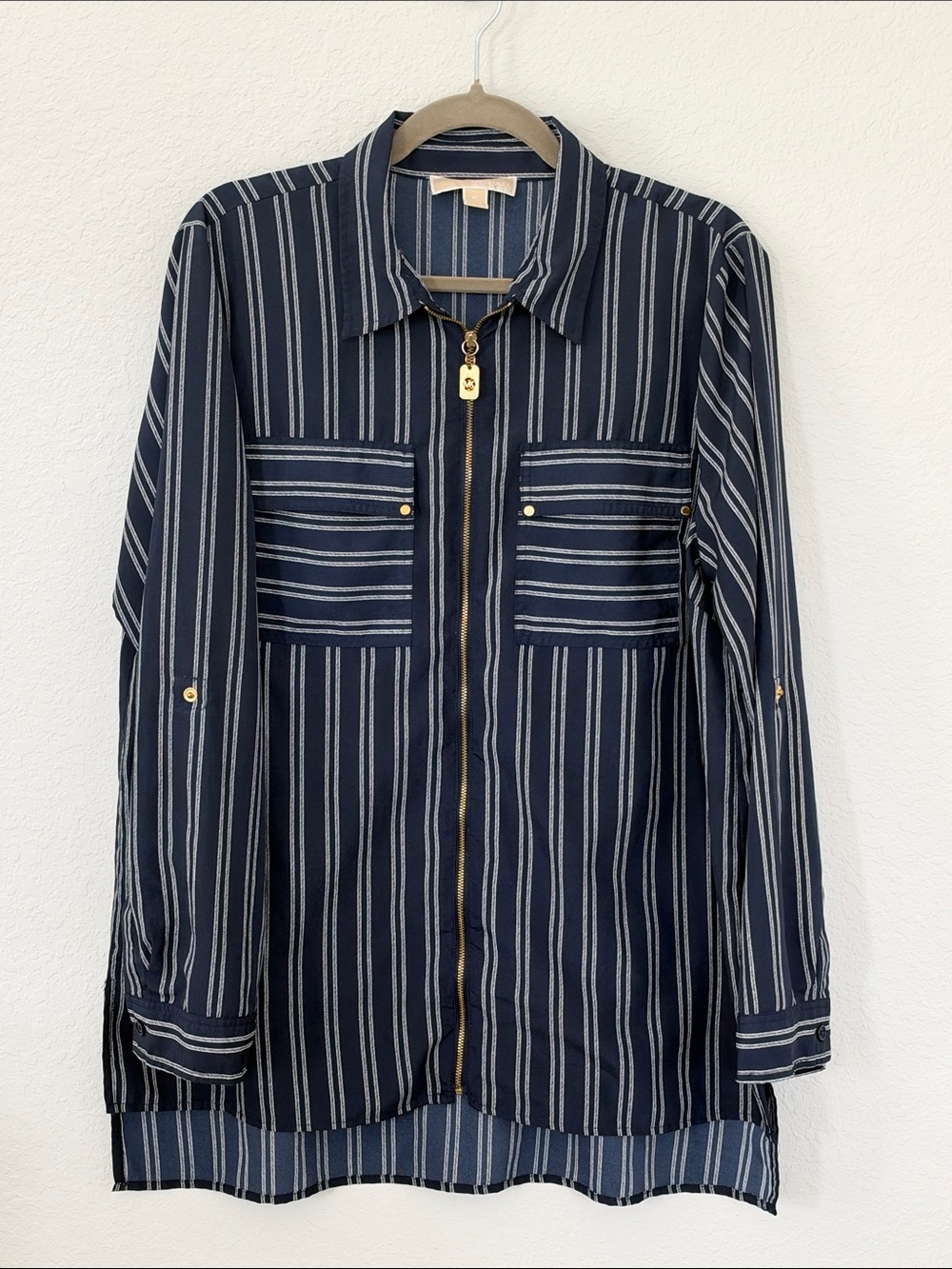 MICHAEL Michael Kors XL Navy Striped Zip Front Roll Tab Tunic Blouse